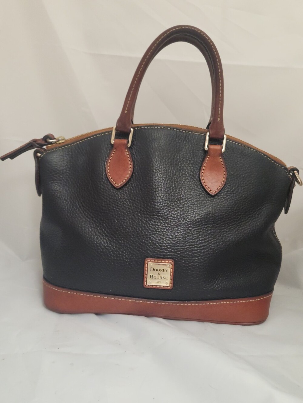Dooney & Bourke Black Leather Satchel with Brown Trim